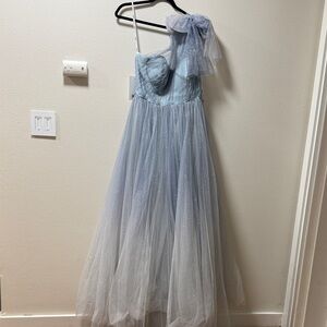 Mac Duggal Blue Glitter One-Shoulder Ombre Gown with Bow